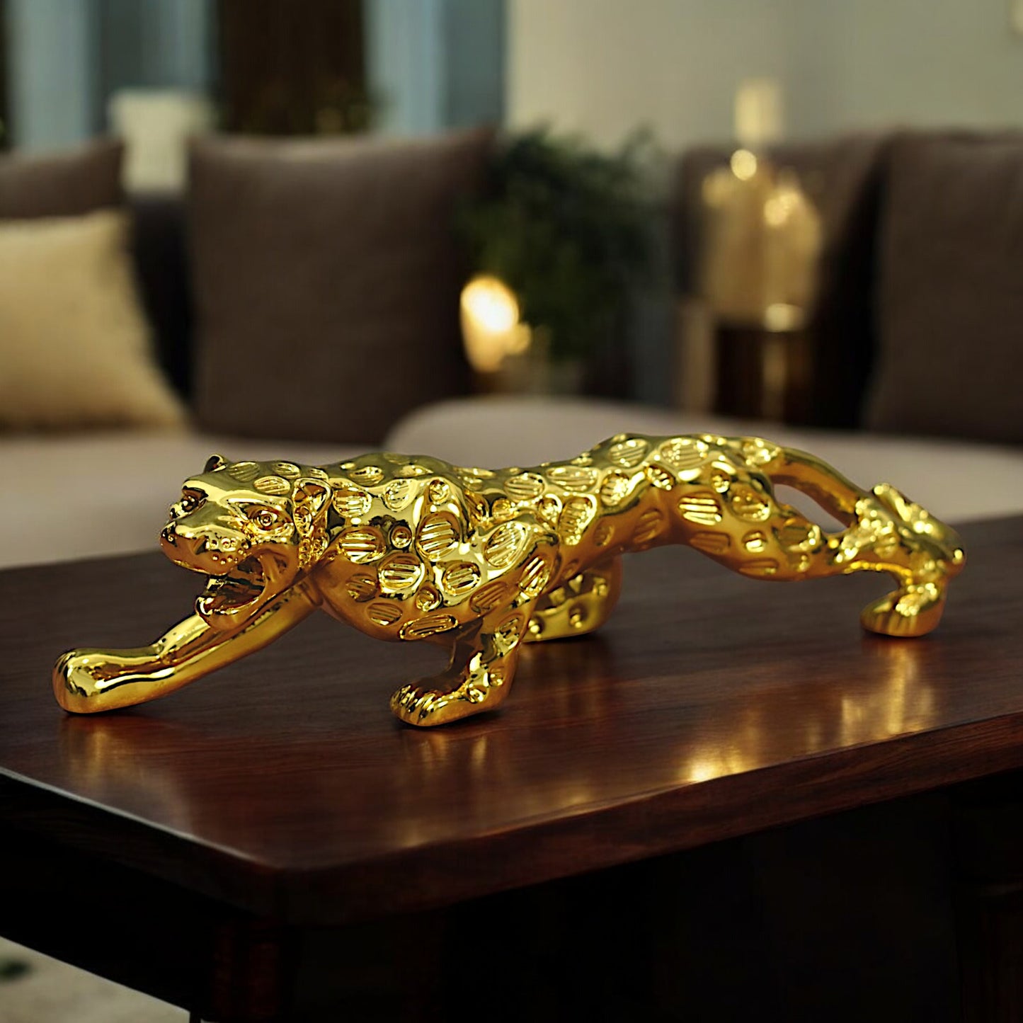 Golden Jaguar Showpiece For Home Decor/black Panther Statue For Living Room Decor, Cheetah Showpiece Office Decor Item (27 Cm Length)