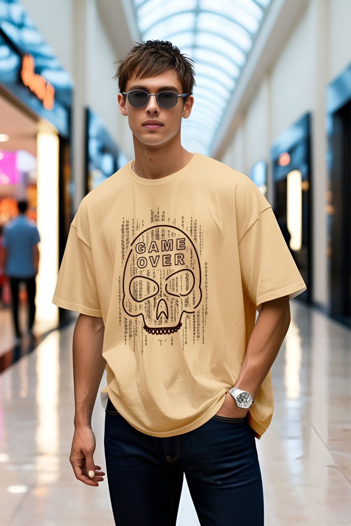 100% COTTON GAME OVER ROUND NECK BEIGE COLOR OVERSIZE FIT T-SHIRT