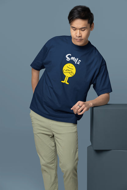 SMILE NAVY BLUE COLOR 100% COTTON ROUND NECK T-SHIRT (OVERSIZE FIT) - CASUAL WEAR