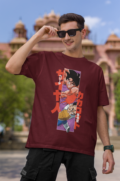 ICONIC GOKU VS VEGETA MEHROON/RED COLOR 100% COTTON ROUND NECK T-SHIRT (OVERSIZE FIT) - DRAGON BALL Z