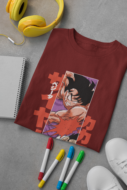 ICONIC GOKU VS VEGETA MEHROON/RED COLOR 100% COTTON ROUND NECK T-SHIRT (OVERSIZE FIT) - DRAGON BALL Z