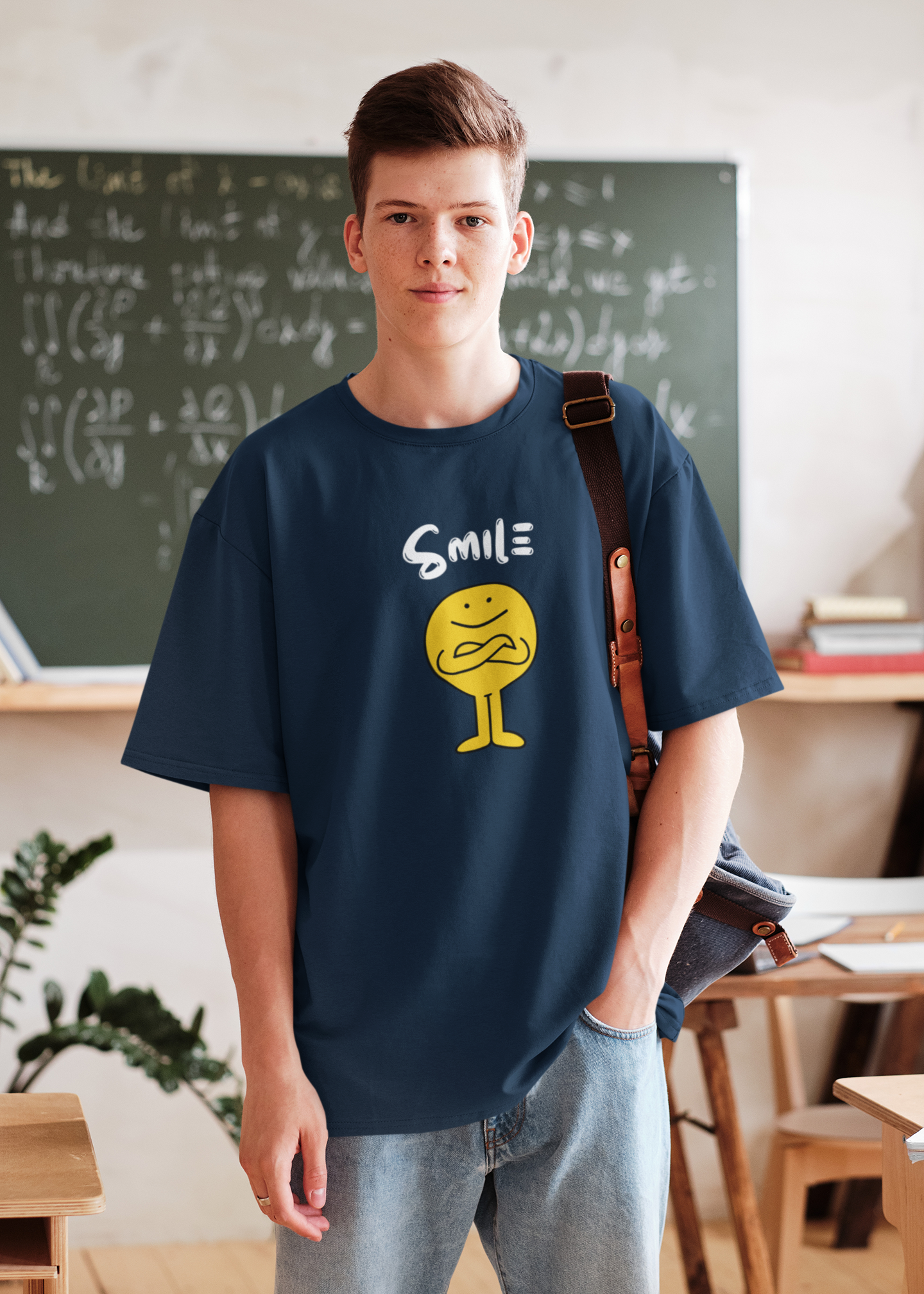 SMILE NAVY BLUE COLOR 100% COTTON ROUND NECK T-SHIRT (OVERSIZE FIT) - CASUAL WEAR