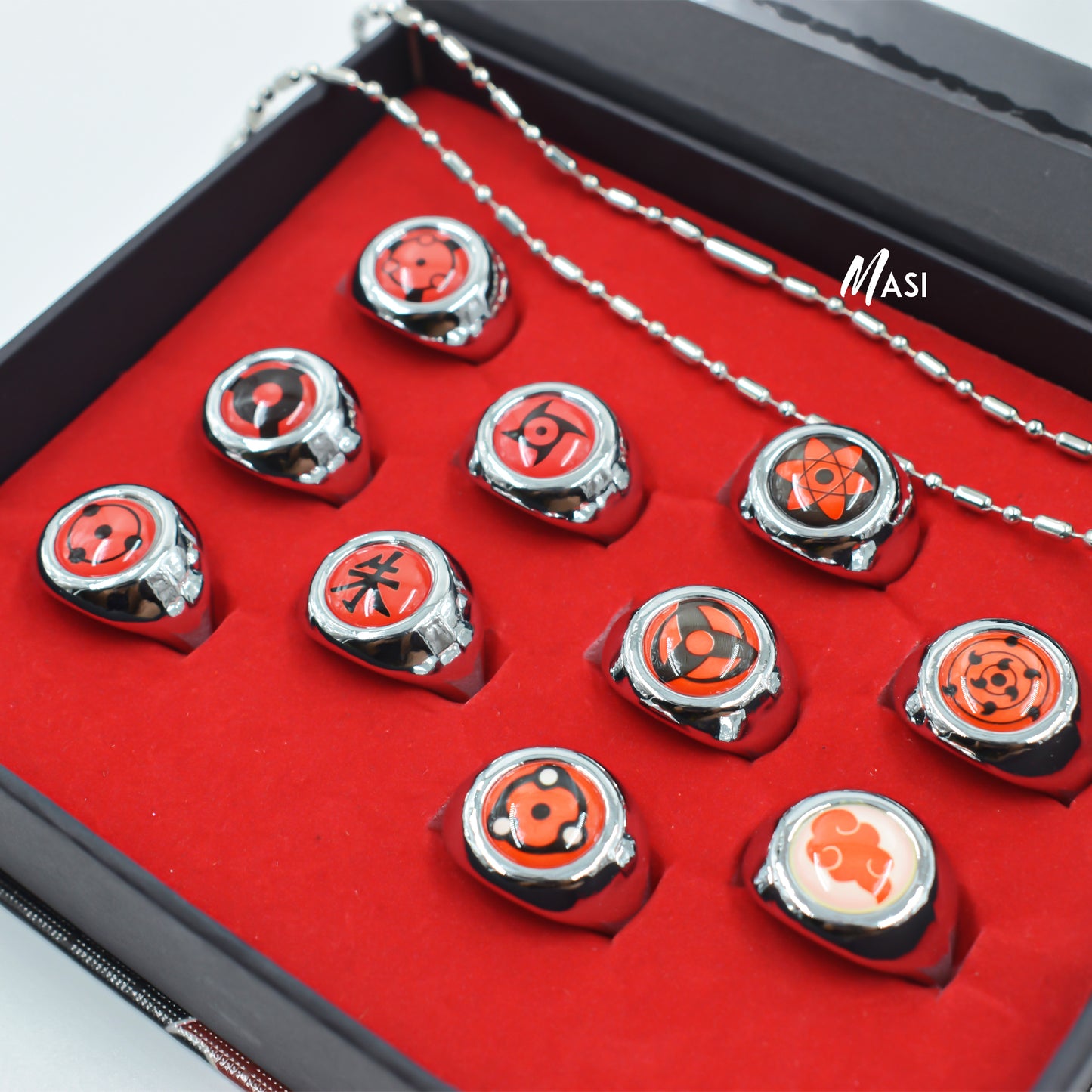 UCHIHA CLAM SHARINGAN EYE RINGS PACK OF 10 WITH FREE CHAIN (UNISEX) - NARUTO