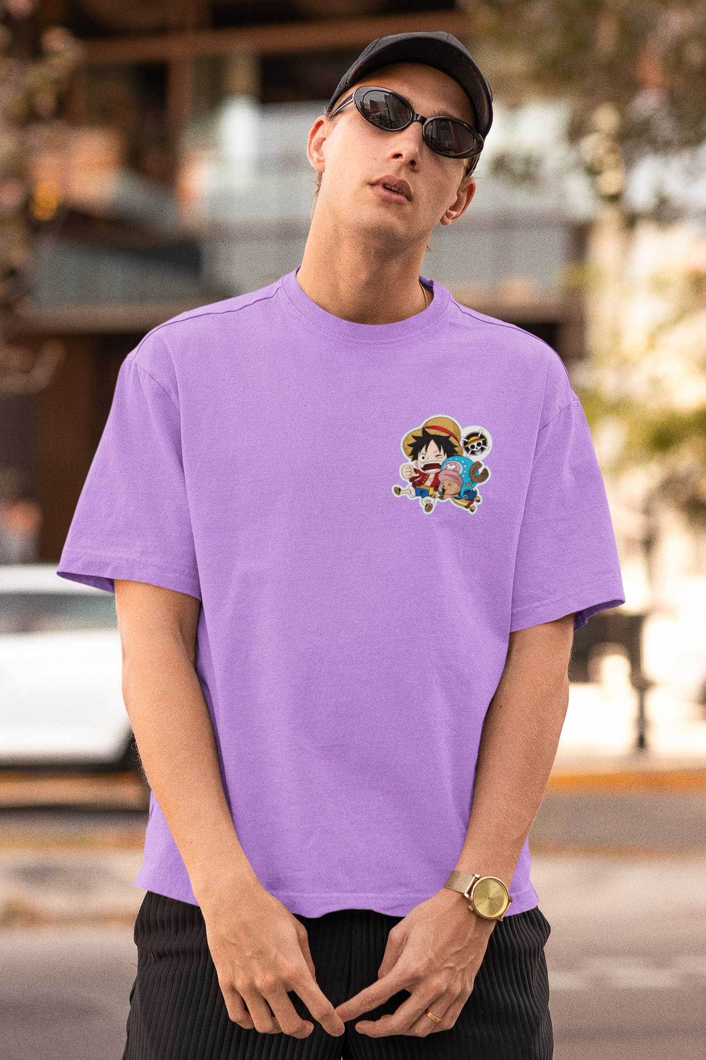 LUFFY AND CHOPPER 100% COTTON OVERSIZED FIT LAVENDER T-SHIRT - ONE PIECE