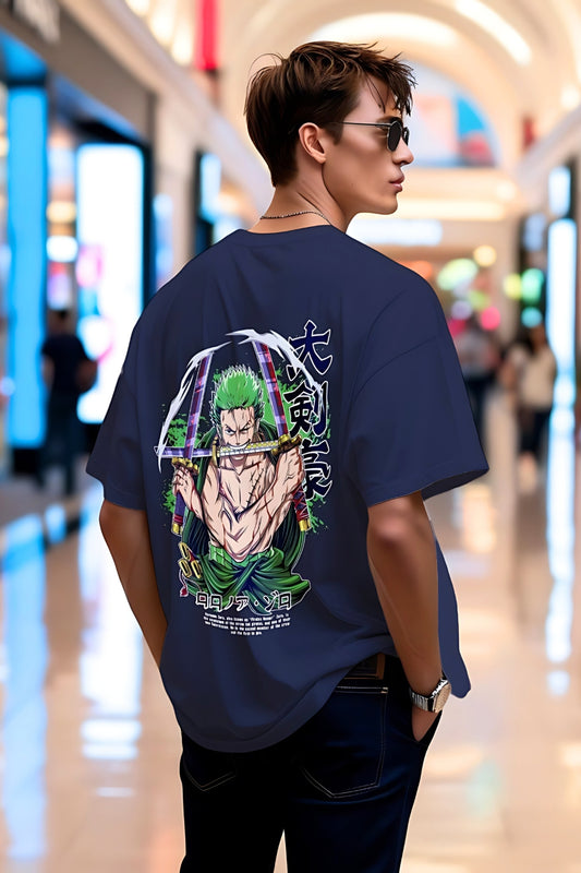 100% COTTON RORONOA ZORO NAVY BLUE OVERSIZED FIT T-SHIRT - ONE PIECE