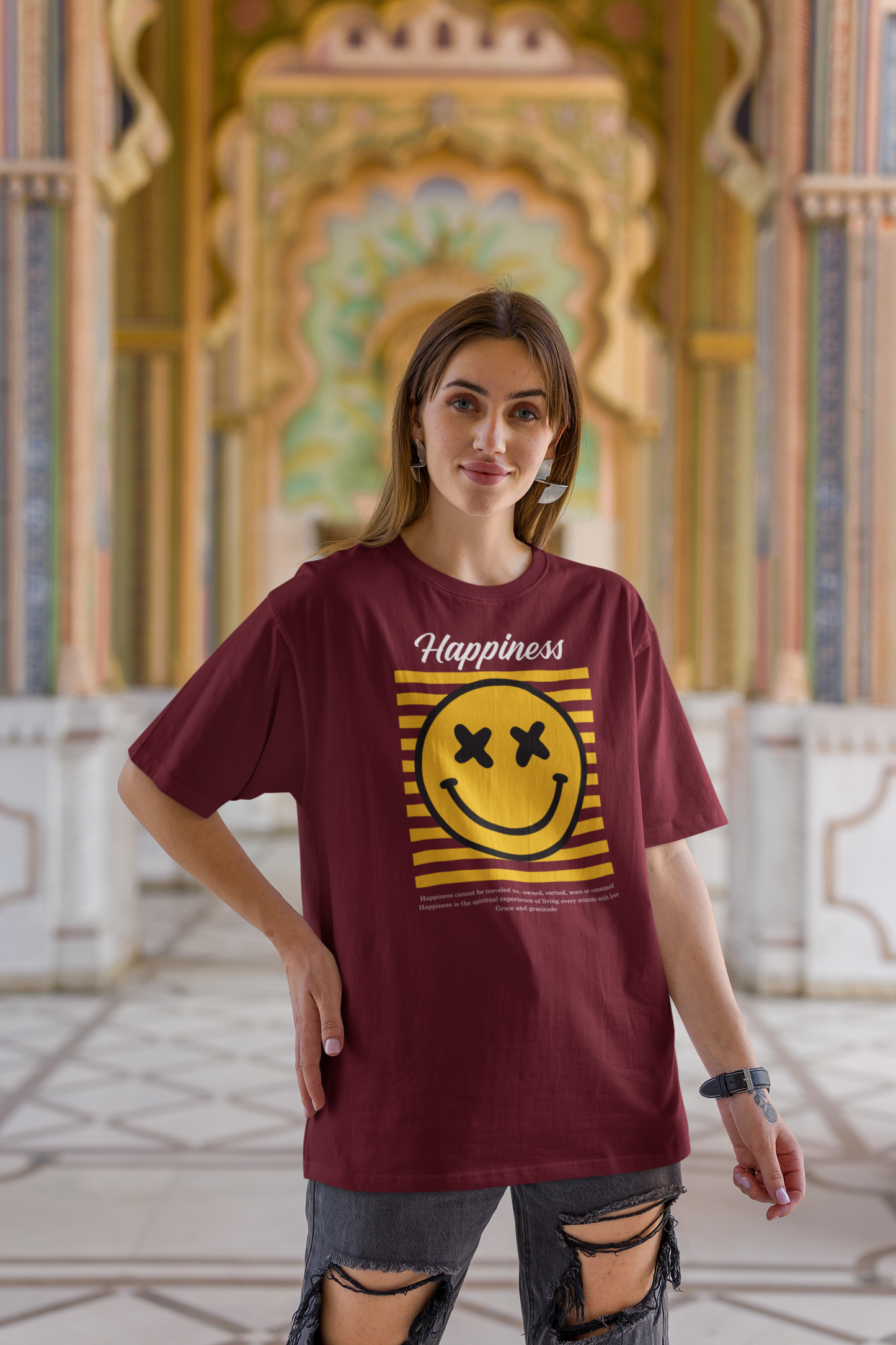 HAPPINESS MEHROON/RED 100% COTTON ROUND NECK T-SHIRT (OVERSIZE FIT)