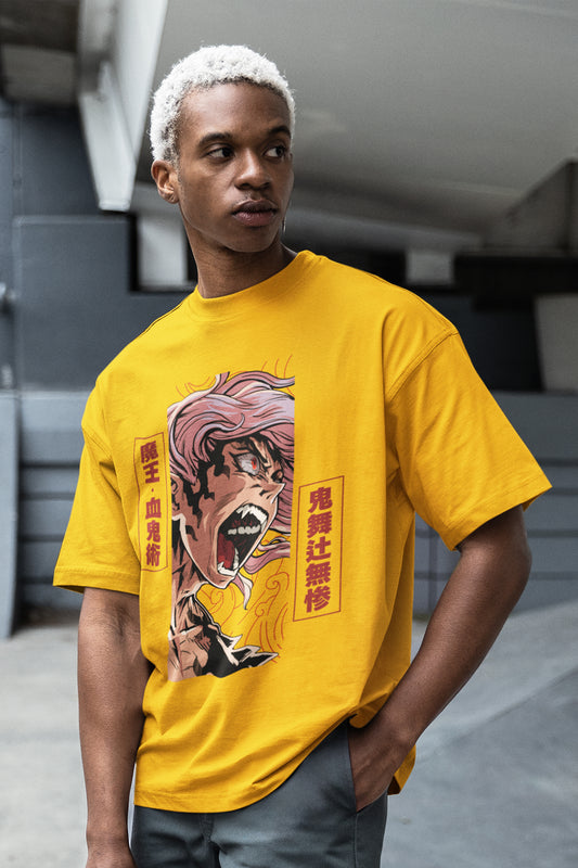 100% COTTON MUZAN KIBUTSUJI ROUND NECK OVERSIZED MUSTARD/YELLOW COLOR T-SHIRT - DEMON SLAYER