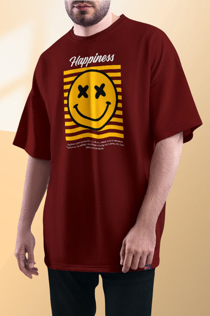 HAPPINESS MEHROON/RED 100% COTTON ROUND NECK T-SHIRT (OVERSIZE FIT)