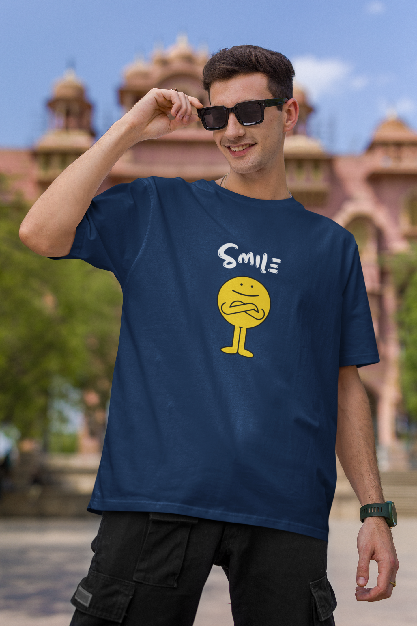 SMILE NAVY BLUE COLOR 100% COTTON ROUND NECK T-SHIRT (OVERSIZE FIT) - CASUAL WEAR