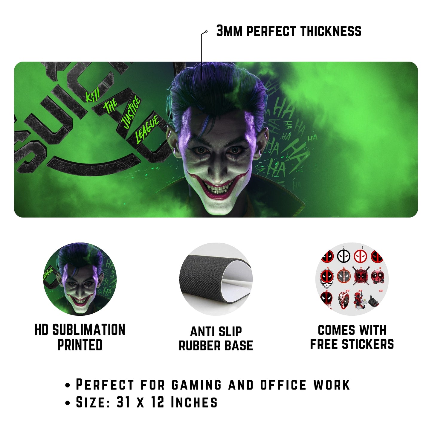 JOKER MOUSE PAD (31 x 12 INCHES) - GAMING MOUSE PAD | RUBBER BASE DESK MAT