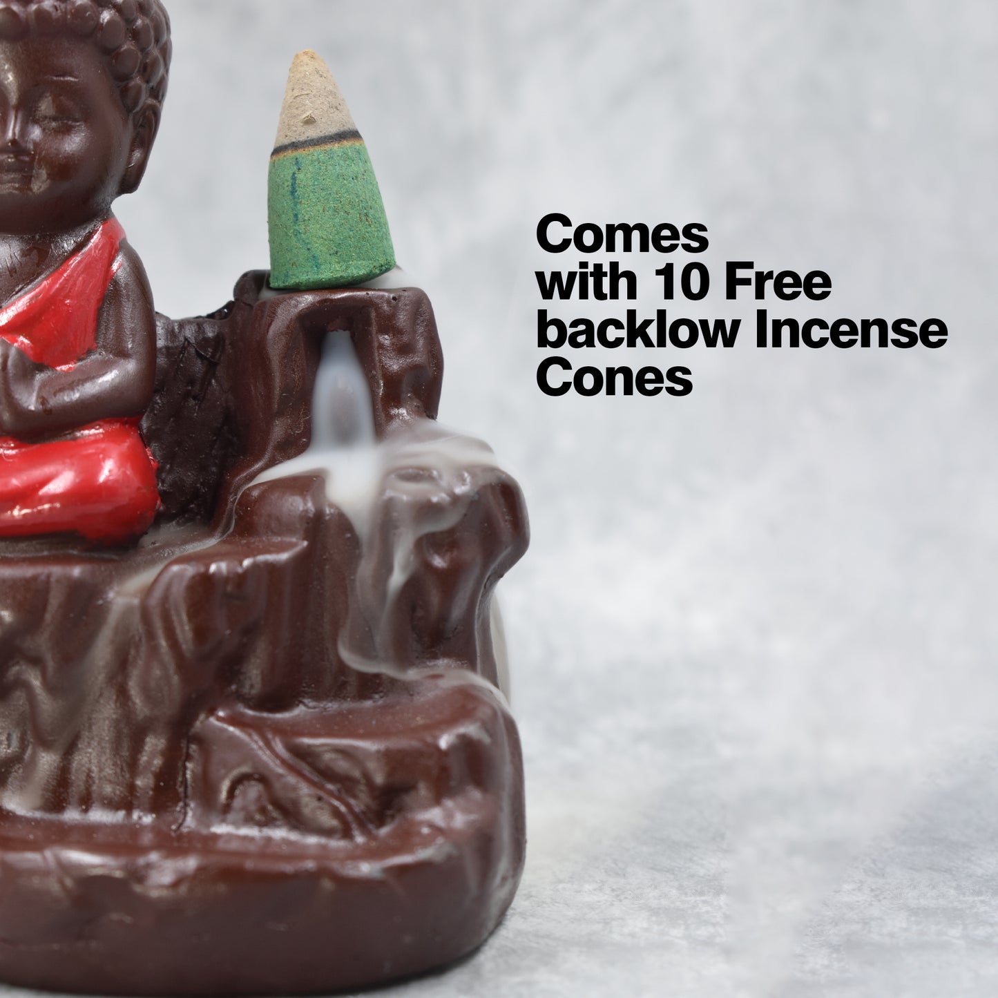 MONK BUDDHA SMOKE BACKFLOW STATUE SMOKE FOUNTAIN MEDITATING WITH FREE 10 BACKFLOW INCENSE CONES