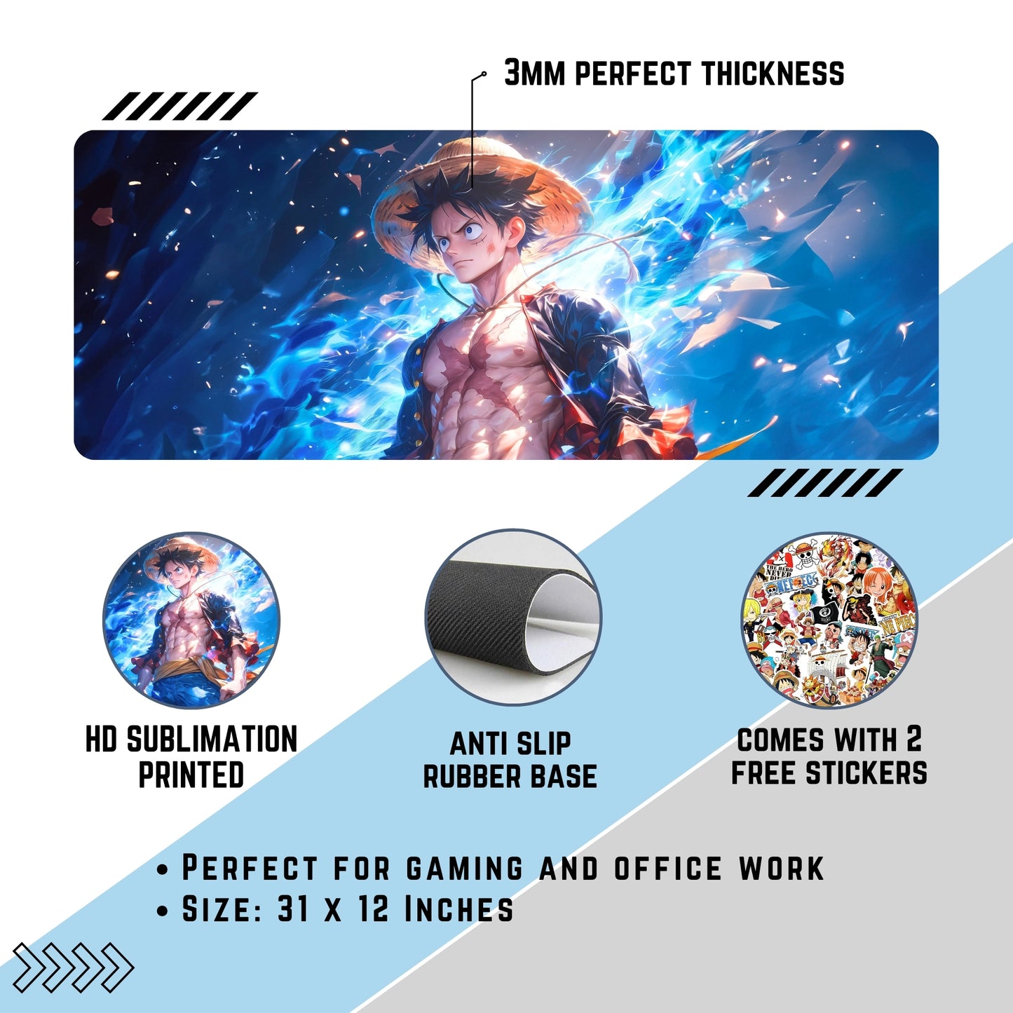 STRAW HAT MONKEY D. LUFFY MOUSE PAD (31 X 12 INCHES) - GAMING MOUSE PAD | RUBBER BASE DESK MAT