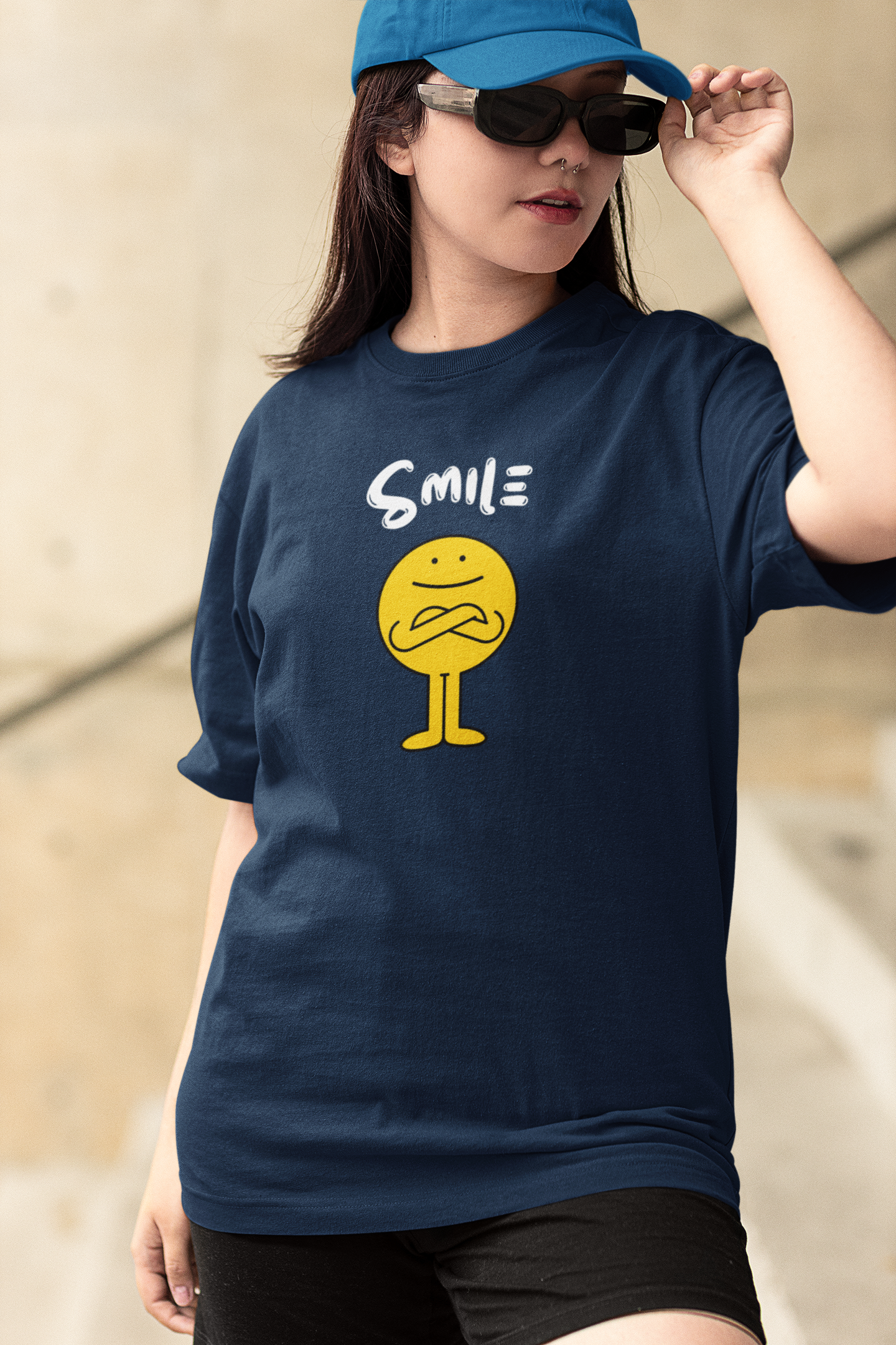 SMILE NAVY BLUE COLOR 100% COTTON ROUND NECK T-SHIRT (OVERSIZE FIT) - CASUAL WEAR