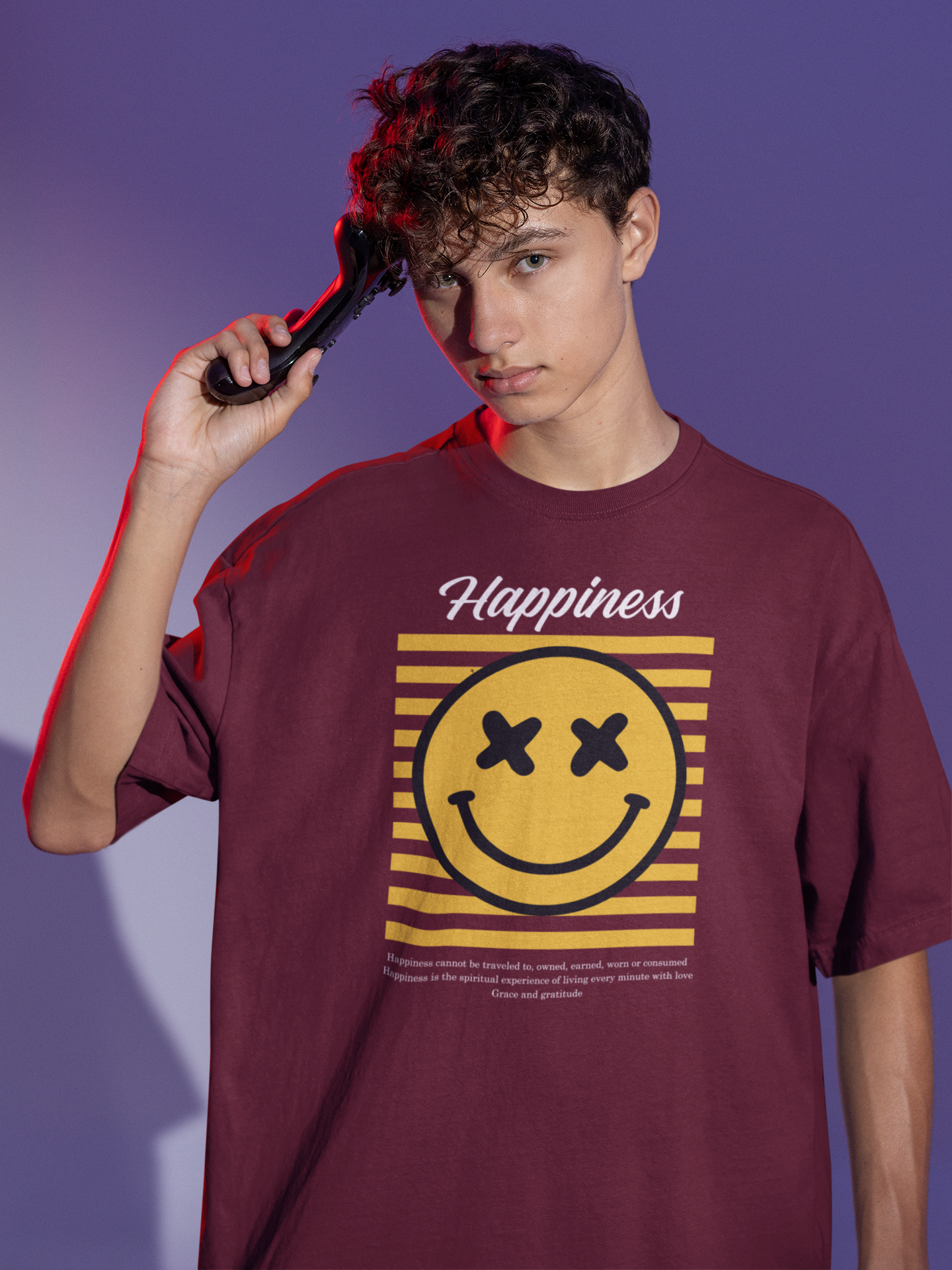 HAPPINESS MEHROON/RED 100% COTTON ROUND NECK T-SHIRT (OVERSIZE FIT)