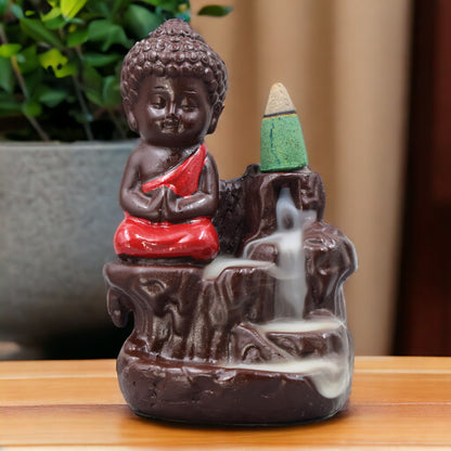 MONK BUDDHA SMOKE BACKFLOW STATUE SMOKE FOUNTAIN MEDITATING WITH FREE 10 BACKFLOW INCENSE CONES