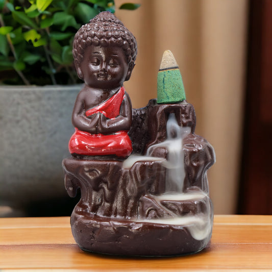 MONK BUDDHA SMOKE BACKFLOW STATUE SMOKE FOUNTAIN MEDITATING WITH FREE 10 BACKFLOW INCENSE CONES