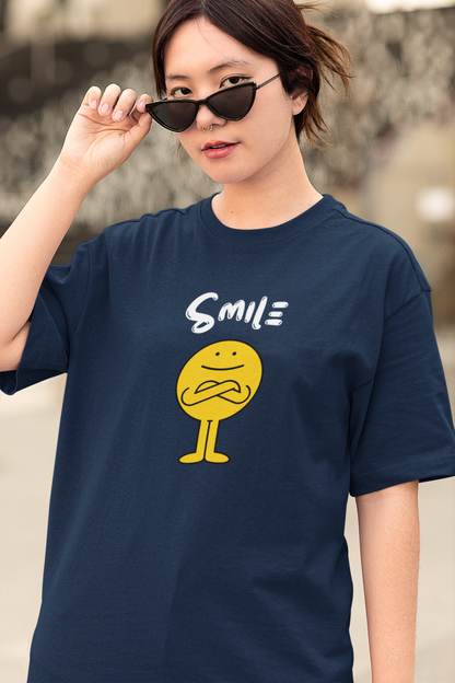 SMILE NAVY BLUE COLOR 100% COTTON ROUND NECK T-SHIRT (OVERSIZE FIT) - CASUAL WEAR