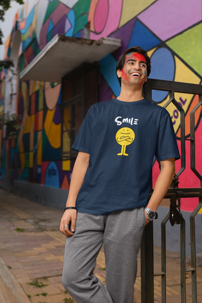 SMILE NAVY BLUE COLOR 100% COTTON ROUND NECK T-SHIRT (OVERSIZE FIT) - CASUAL WEAR